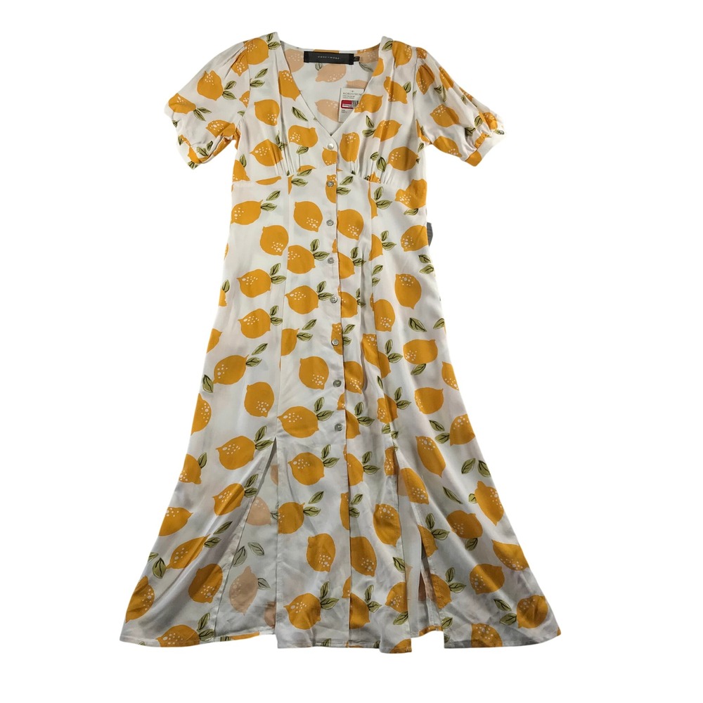 Code Mode Lemon Print Button Front Midi Dress White Yellow CND196328-BP NWT S